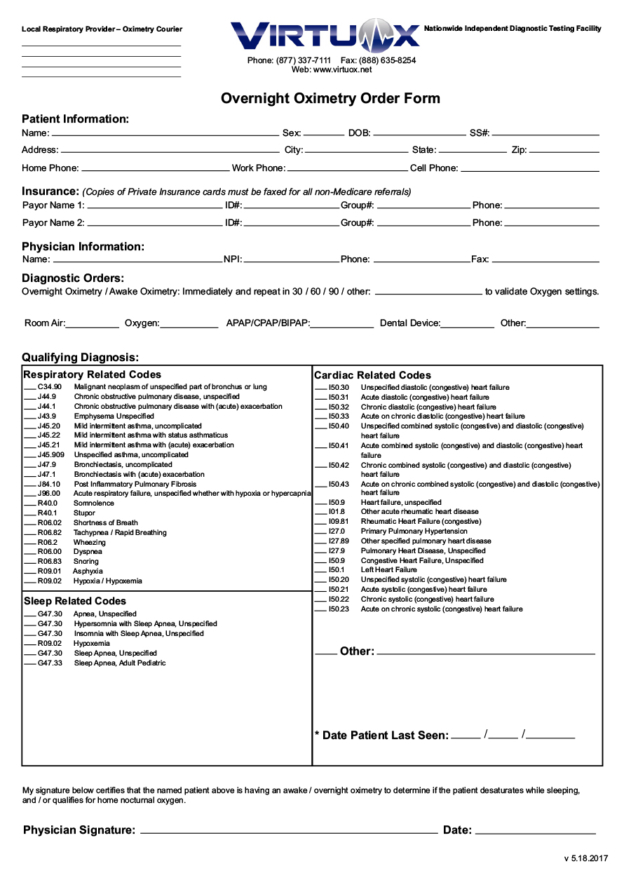 diagnostic testing overnight oximetry home sleep testing and physician order form